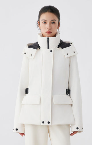 White goose down winter jacket with hood, black trim, front snap placket and pockets