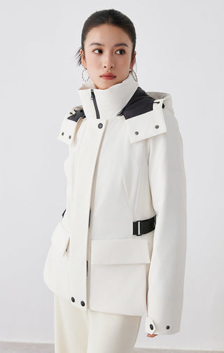 White winter parka with standing collar, hood, black zip, flap chest pocket and belt