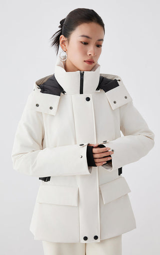 White insulated parka with hood and black zipper, layered flap pockets and sleeve tabs