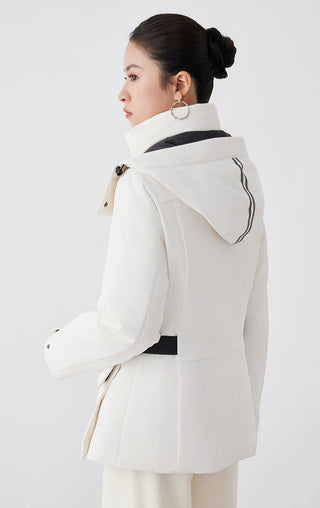 White parka back view with hood, black piping, belt at waist, and utility straps