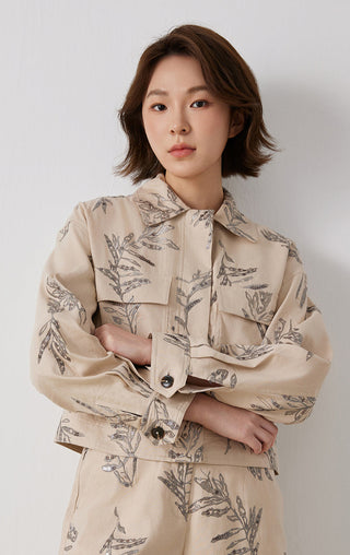 Botanical Print Cropped Linen Blend Jacket Blouses