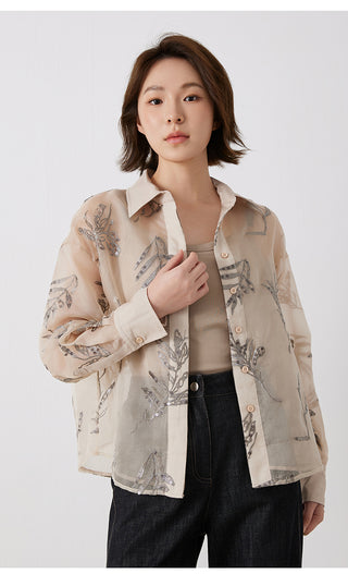 Women's Silk Long-Sleeve Embroidered Sequin Blouse