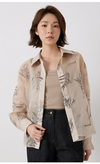 Camel button-front silk shirt with silver-thread floral and leaf embroidery over chest