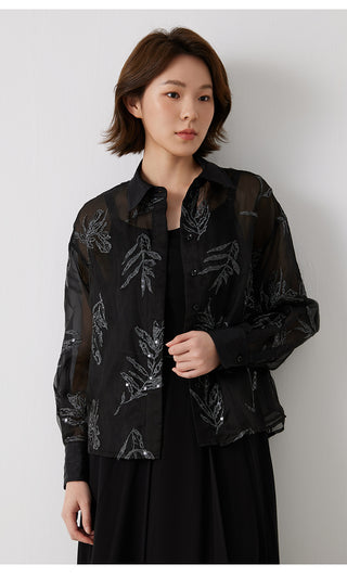 Black silk embroidered shirt with silver-thread leaf pattern, button-up collar and cuffs