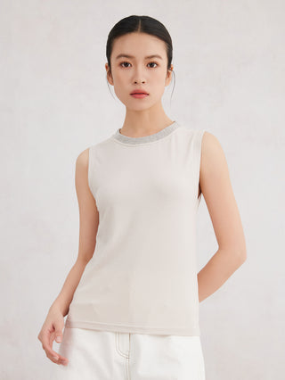 White ribbed sleeveless tank top with beaded neckline detail at the collar