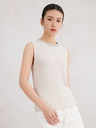 White ribbed sleeveless tank top, beaded crew neckline and straight hem