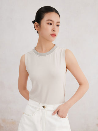 White ribbed sleeveless tank top with beaded neckline, shown front and fitted