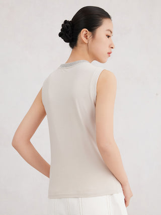 White sleeveless tank top back view, ribbed knit and beaded neckline trim