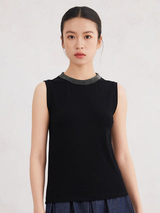 Black ribbed sleeveless tank top with beaded neckline trim at the collar