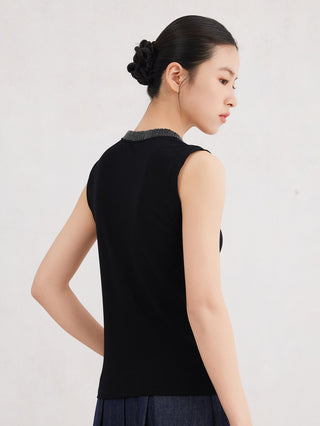 Black sleeveless tank top back view, ribbed knit and beaded neckline trim
