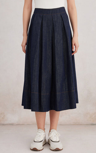 Denim-Look Cotton-Linen Midi Skirt - serathinan 