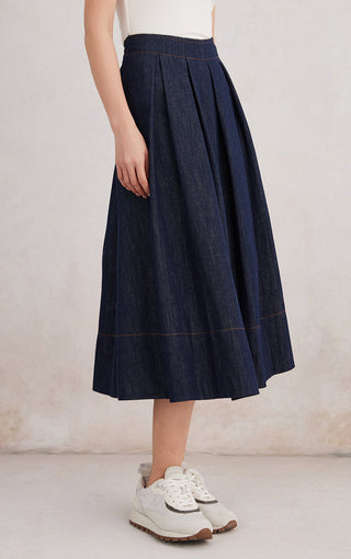Denim-Look Cotton-Linen Midi Skirt - serathinan 
