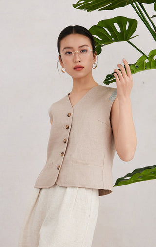 Camel linen-blend sleeveless vest with gold buttons down the center front