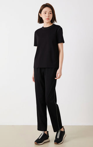 Black pima cotton blend tailored pants, elastic waist with tapered ankle fit