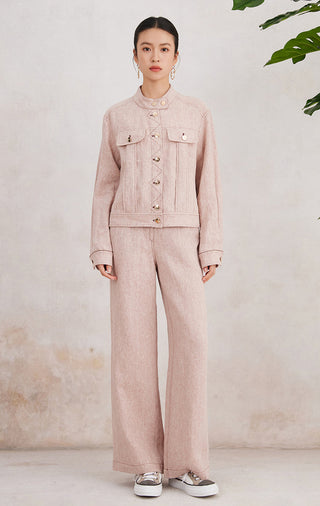 Rose linen tailored jacket and matching wide-leg pants set, button-front and flap pockets