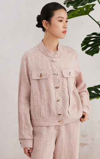 Rose linen button-front jacket with stand collar and two chest flap pockets