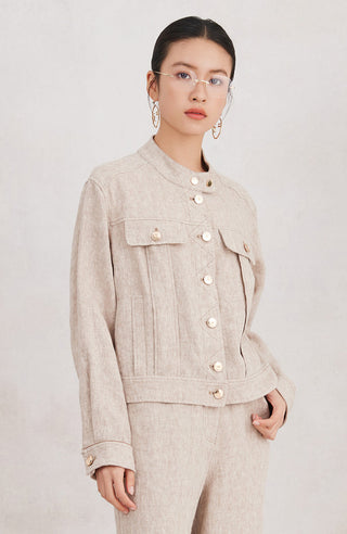 Beige linen tailored jacket, button-front with stand collar and chest flap pockets