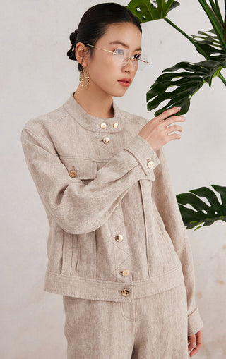 Beige linen button-front jacket with two front patch pockets and gold buttons