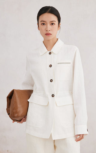 Ivory white linen utility shirt front view with button placket and flap chest pocket