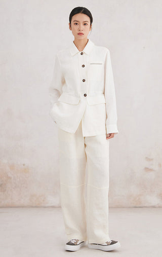Ivory white linen utility shirt with matching drawstring waist, chest pocket, button front