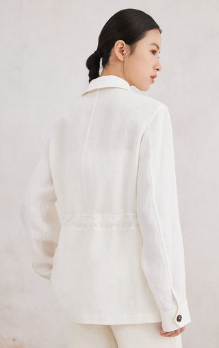 Ivory white linen utility shirt back view with seam detailing and button cuff
