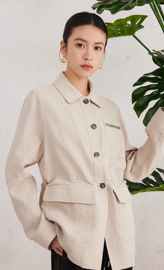 Beige linen utility shirt with fold-over collar, front button placket, chest pocket