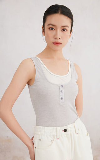 Light gray sleeveless tank with scoop neck and button placket detail