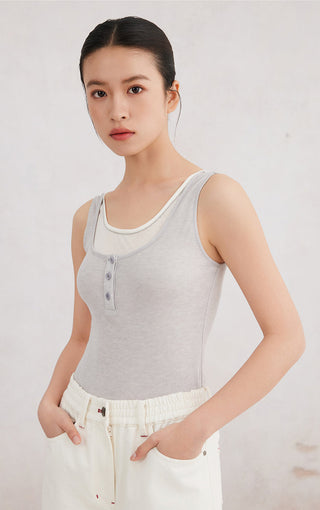 Light gray ribbed tank top with scoop neckline and button placket, sleeveless