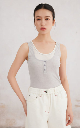 Light gray Tencel-wool blend tank top, scoop neck with button placket