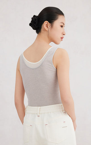 Light gray tank top with scoop neck and button placket, side profile