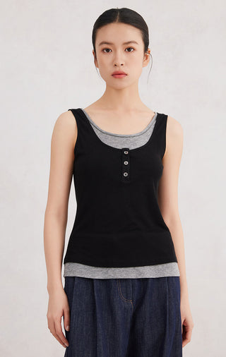 Black Tencel wool blend tank top with gray neckline trim and button placket