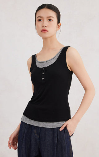 Black tank top with gray trim scoop neck and 3-button henley placket