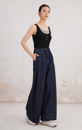 Black Tencel wool blend tank top with gray trim scoop neck and button placket