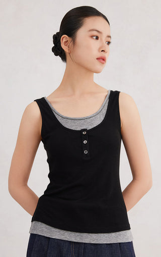 Black sleeveless tank top with gray neckline trim and small button henley front