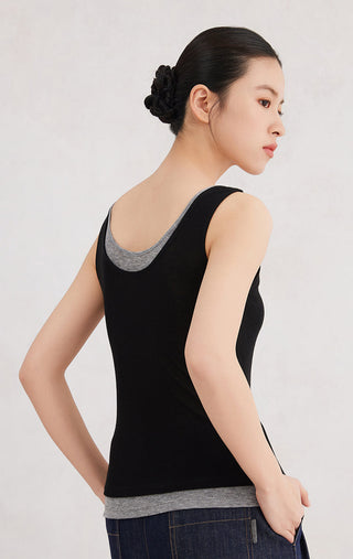 Black tank top, sleeveless scoop neck with gray binding and button front placket
