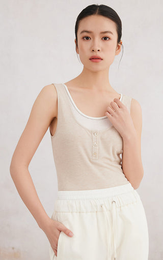 Beige tank top with scoop neck and button placket, sleeveless fit