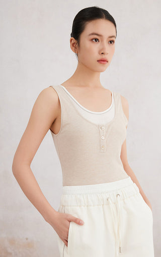 Beige sleeveless tank top with scoop neck and button placket, fitted jersey