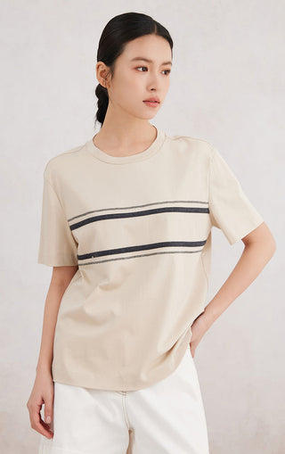 Cotton stretch T-shirt, apricot/cream, front view with double dark horizontal stripe detail