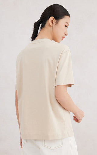 Cotton stretch T-shirt, apricot/cream, back view with crew neck and short sleeves