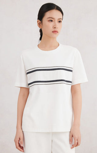 White cotton stretch T-shirt with double stripe detail and crew neck