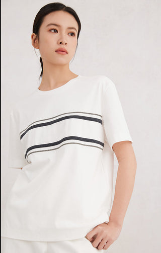 White cotton stretch T-shirt featuring double beaded stripe across chest