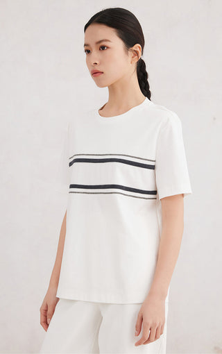 White cotton stretch T-shirt with double stripe band detail at chest
