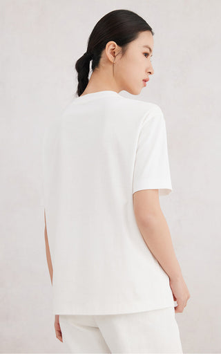 White cotton stretch T-shirt, short sleeves and crew neck from back view