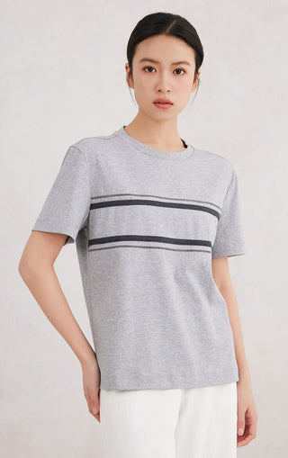 Cotton stretch T-shirt in light gray with double dark stripe and beaded trim detail