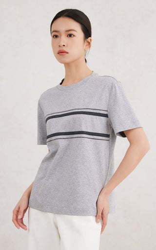 Cotton stretch T-shirt, light gray, front view with double dark stripe across chest