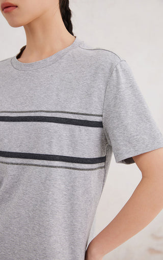 Close-up: light gray cotton stretch T-shirt with double dark horizontal stripe detail