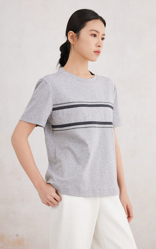 Cotton stretch T-shirt, light gray, side-front view with two-row dark stripe