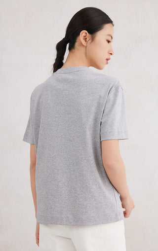 Cotton stretch T-shirt in light gray, back view with crew neck and short sleeves