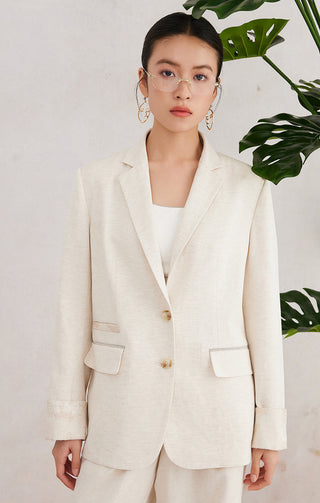 Beige linen-blend tailored blazer, notch lapel, flap pockets, gold buttons