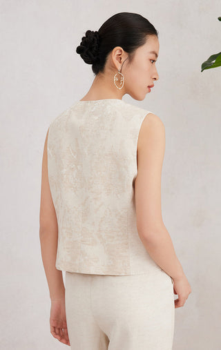 Natural linen sleeveless vest, back view with curved hem